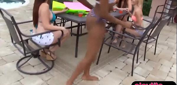  Lucky dude fucks three sexy college teens in the pool